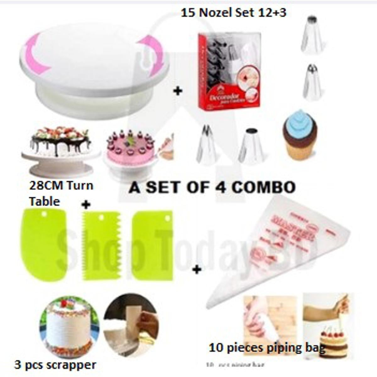 Picture of Cake Decoration Turntable - 28cm & 12 pieces set of Nozzle & 3 pieces set of Scrapper & 10 pipping bags Combo Pack(4 items) -Multicolor