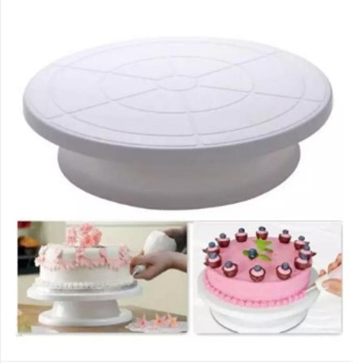 Picture of Perfect Pricee Combo Set of Plastic Revolving Turn Table Cake Stand with 3 Scrapper, White -White