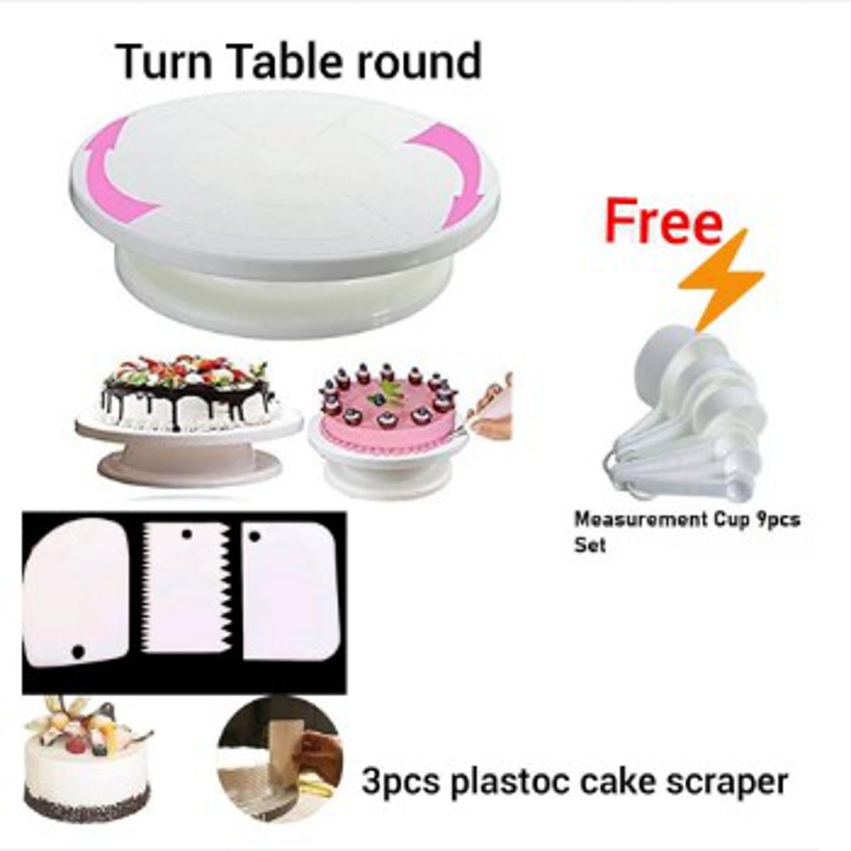 Picture of Combo Cake Decorating Turn table & 3 PCS Plastic Cake Scraper Free Measurement Cup set -White