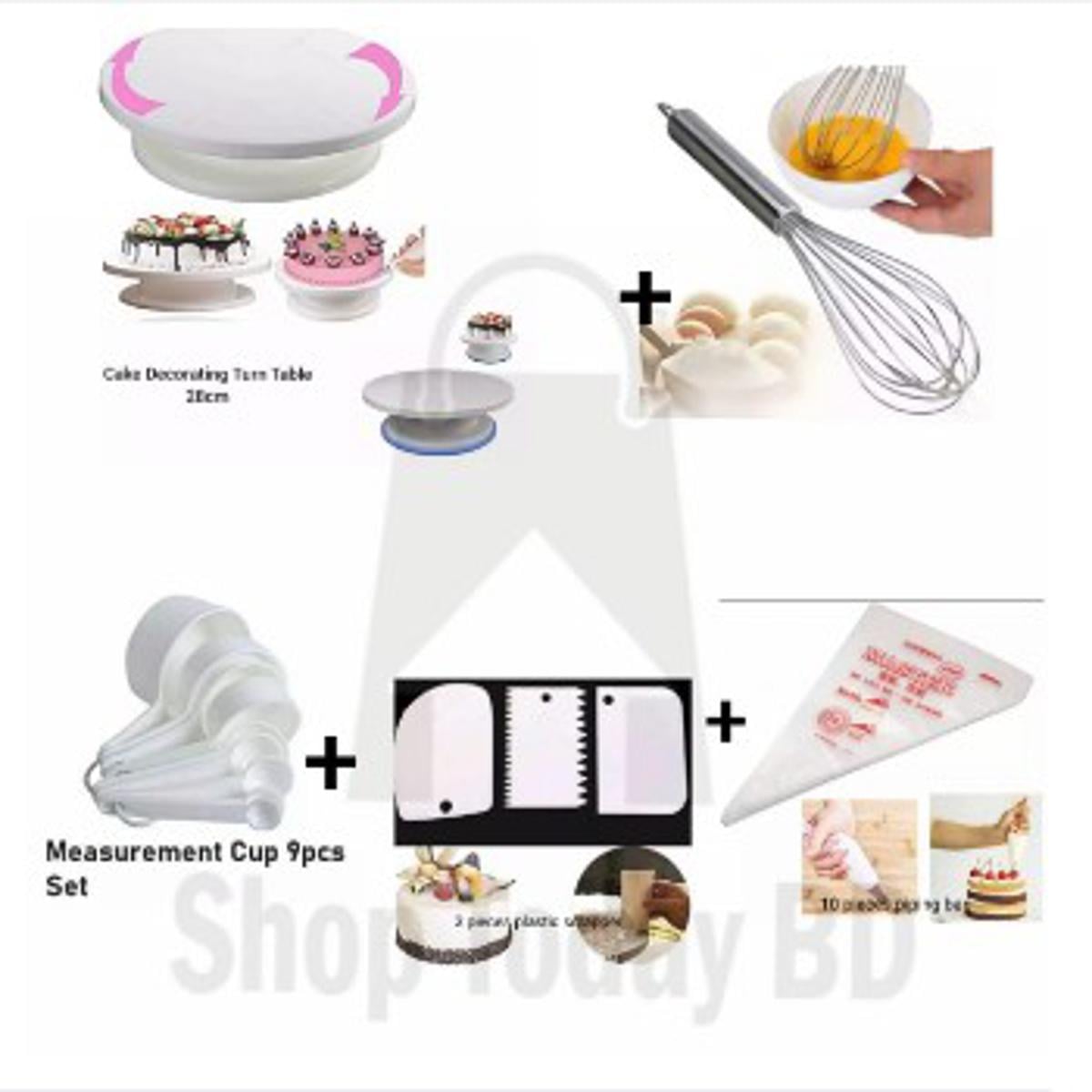 Picture of 5 X Combo Cake Decorating Turn table 28 Inches + Egg Bitter + 3 PCS Plastic Cake Scraper + Measurement Cup set + 10 Pieces Piping Bag -White
