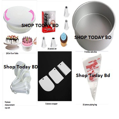 Picture of Cake Decoration Turntable & 12 Pieces Of Stainless Steel Nozzle Set & Removable Cake Pan & Bread Mold & Measuring Spoon Cup Set & 3 pieces Plastic Cream Scraper & 10 Pieces Pipping Bags (6 products) -Multicolor
