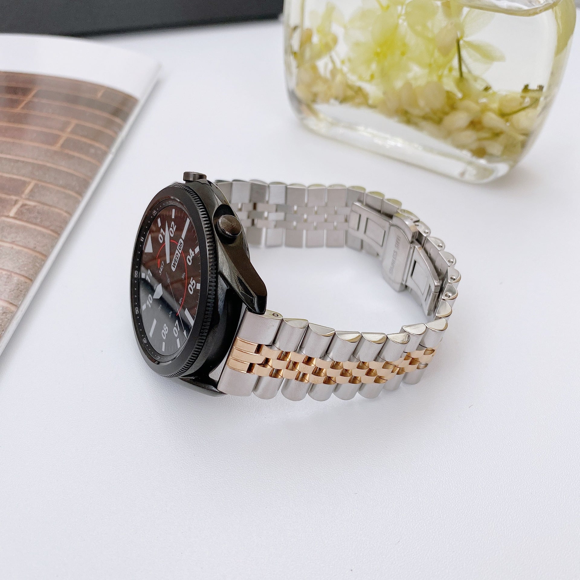 Picture of 20mm Stainless Steel Five Bead Watch Strap Premium Metal Bracelet for Smartwatches With Butterfly Buckle Jubilee Style (Silver Rose Gold,Not Specified)