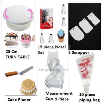 Picture of Cake Decoration Turntable & 12 Pieces Of Stainless Steel Nozzle Set & stainless steel butter nife or cake planner & Measuring Spoon Cup Set & 3 pieces Plastic Cream Scraper & 10 Pieces Pipping Bags (6 products) -Multicolor