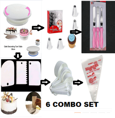 Picture of 6 A Set  Cake Decoration Turntable , 12 Pieces Of Stainless Steel Nozzle Set , 3 pieces of cake planner , Measuring Spoon Cup Set , 3 pieces Plastic Cream Scraper & 10 Pieces Pipping Bags -Multicolor