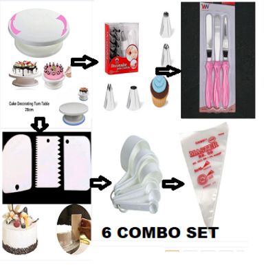 Picture of 6 A Set  Cake Decoration Turntable , 12 Pieces Of Stainless Steel Nozzle Set , 3 pieces of cake planner , Measuring Spoon Cup Set , 3 pieces Plastic Cream Scraper & 10 Pieces Pipping Bags -Multicolor