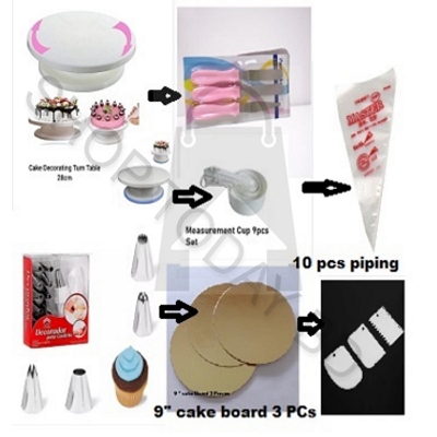 Picture of 7 A Set Cake Decoration Turntable , 12 Pieces Steel Nozzle Set , 3 pieces planner , Measuring Spoon Set , 3 pieces Plastic Cream Scraper ,10 Pieces Pipping Bags & 3 pieces cake Board -Multicolor