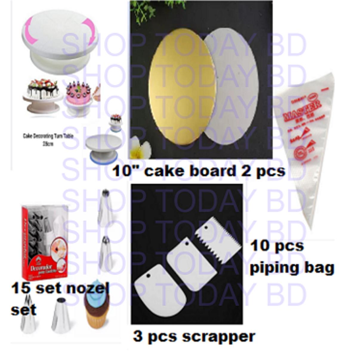 Picture of A Set Of Turn Table 28 Cm , 15 Nozel Set , 3 Pcs Scraper , 2 Pcs 10" Cake Board + 10 Piping Bag - Cake Decoration Tools -Multicolor