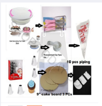 Picture of 7 A Set Cake Decoration Turntable , 12 Pieces Steel Nozzle Set , 3 pieces planner , Measuring Spoon Set , 3 pieces Plastic Cream Scraper ,10 Pieces Pipping Bags & 3 pieces cake Board -Multicolor