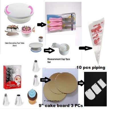 Picture of 7 A Set Cake Decoration Turntable , 12 Pieces Steel Nozzle Set , 3 pieces planner , Measuring Spoon Set , 3 pieces Plastic Cream Scraper ,10 Pieces Pipping Bags & 3 pieces cake Board -Multicolor