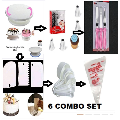 Picture of 6 Of  Set  Cake Turntable , 12 Pieces Of Stainless Steel Nozzle Set , 3 pieces of cake planner , Measuring Spoon Cup 9 pcs , 3 pcs Plastic Cream Scraper & 10 Pcs Pipping Bags -Multicolor