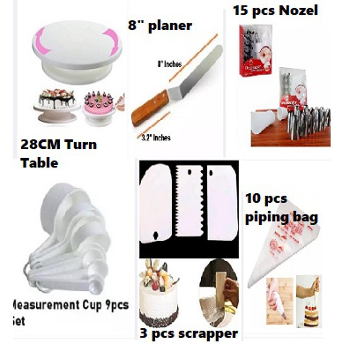 Picture of Cake Turntable & 15 Pieces Of Stainless Steel Nozzle Set & stainless steel butter nife 8 " & Measuring Cup Set 9 Pcs & 3 pcs Plastic Scraper & 10 Pcs Pipping Bags (6 products) -Multicolor