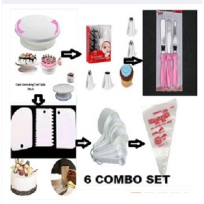 Picture of 6C The  Set  Cake Decoration Turntable , 12 Pieces Of Stainless Steel Nozzle Set , 3 pieces of cake planner , Measuring Spoon Cup Set , 3 pieces Plastic Cream Scraper & 10 Pieces Pipping Bags -Multicolor
