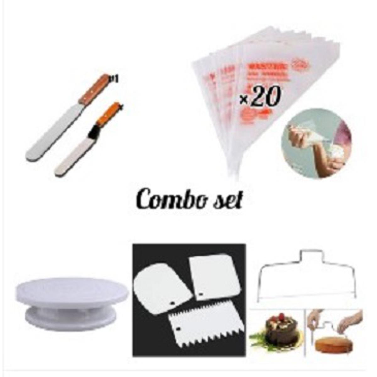 Picture of Combo Set -Cake Turntable + Cake Wire Leveler,2 Spatulas ,3 pcs Scrapper and 20  Piping Bag -Multicolor
