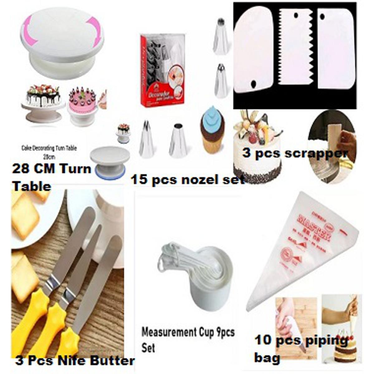 Picture of 6C Turntable , 15 Pcs Nozzle Set , 3 Pcs Butter Nife, Measuring Cup Set  , 3 Pcs Scraper & 10 Pcs Pipping Bags -Multicolor