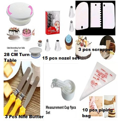 Picture of 6C Turntable , 15 Pcs Nozzle Set , 3 Pcs Butter Nife, Measuring Cup Set  , 3 Pcs Scraper & 10 Pcs Pipping Bags -Multicolor