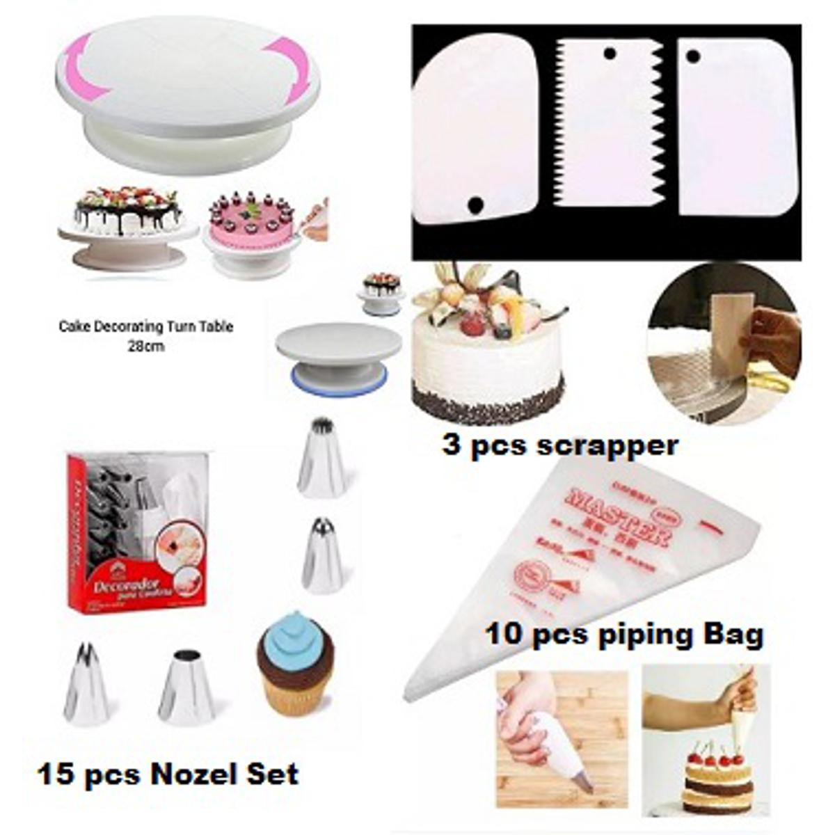 Picture of Turntable-28 cm +15 pcs Nozzle set + 10 Piping Bags  + 3 pcs scrapper combo of 4 items -Multicolor