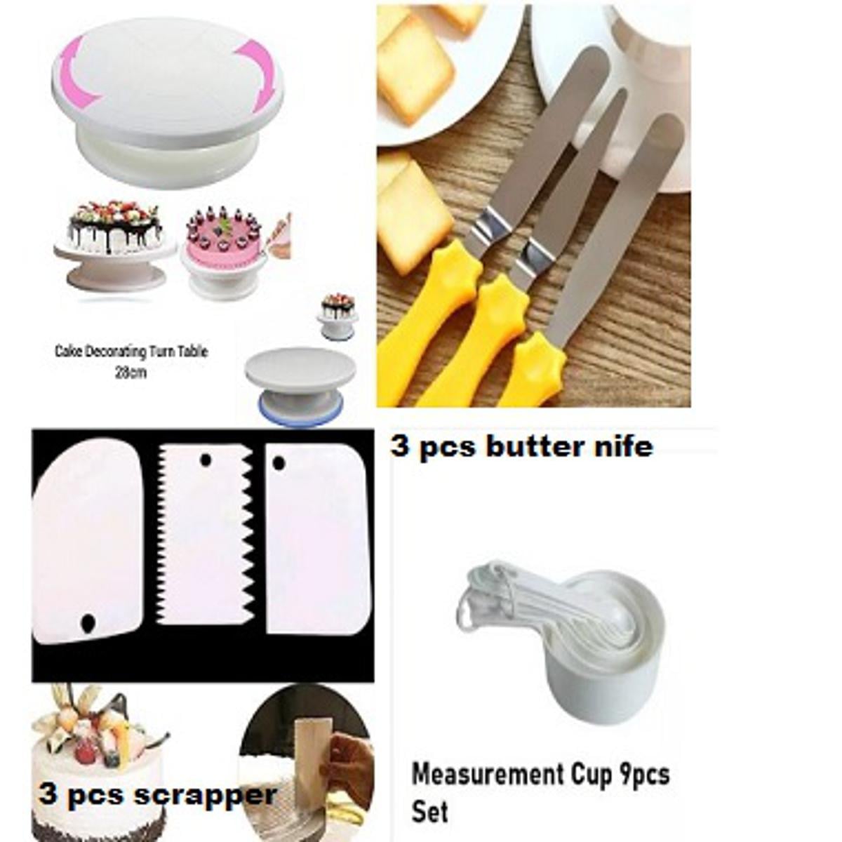 Picture of 7 pcs set+ Measurement Cup Set Turn table 28 Cm +3 pcs cake nife set + 3pcs scrapper -Multicolor