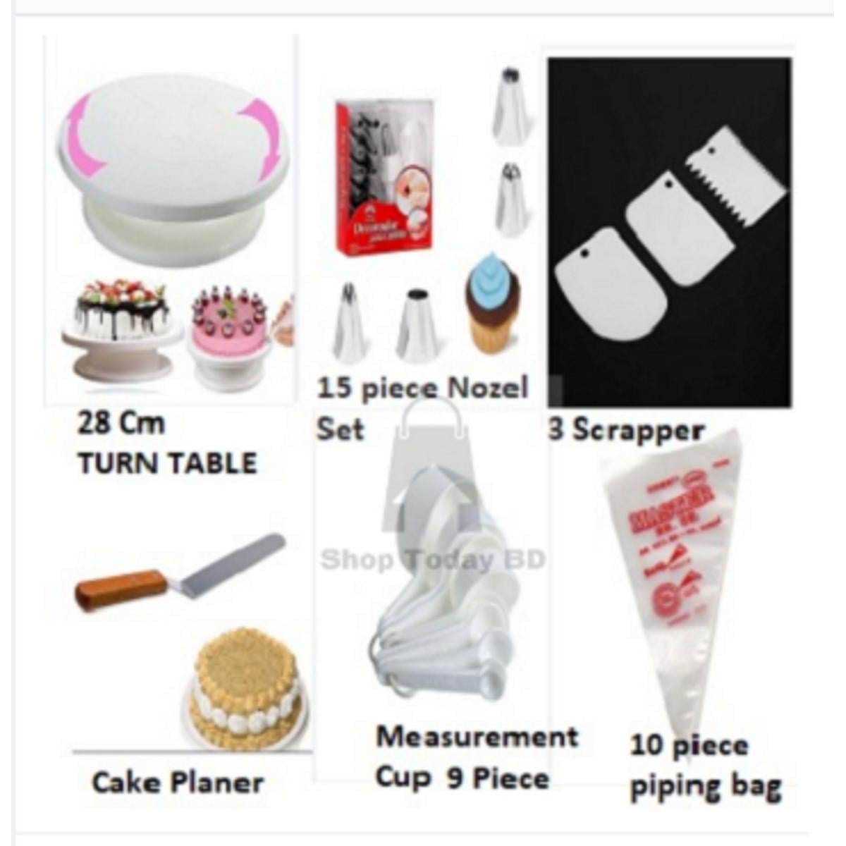 Picture of 6C 8 Inches Cake Decoration Turntable 28cm & 12 Pieces Of Stainless Steel Nozzle Set & stainless steel butter nife or cake planner & Measuring Spoon Cup Set & 3 pieces Plastic Cream Scraper & 10 Pieces Pipping Bags (6 products) -Multicolor
