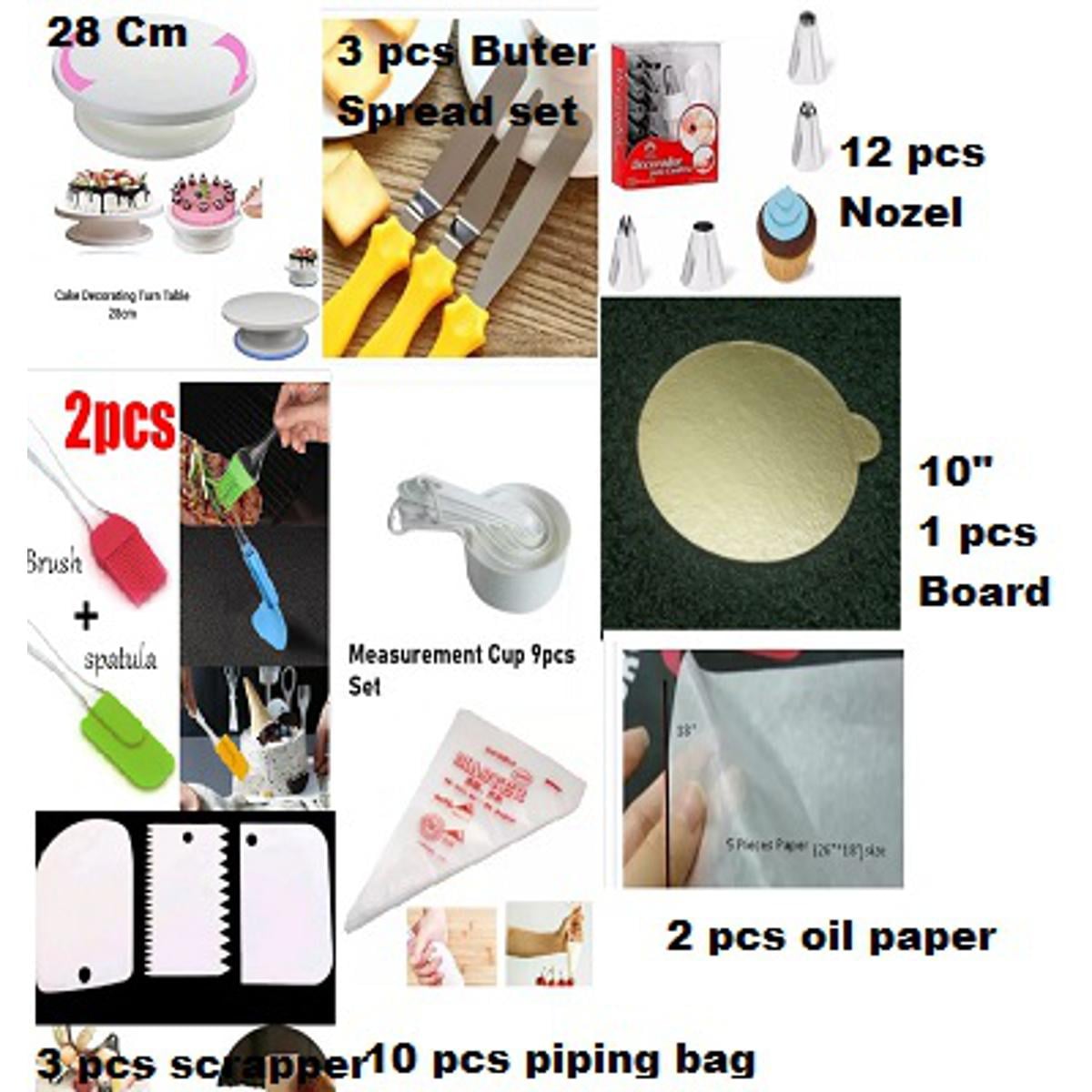 Picture of 9X Super Combo Baking Turn Table,12 Nozel, 2pcs oil brush, 3 Nife set, M Cup set 9 Pcs , 10 pcs piping bag, 3 scrapper,10" board 1 pcs, 2 pcs oil Paper -Multicolor