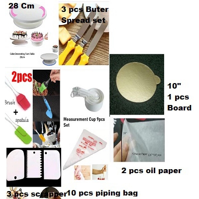 Picture of 8X Super Combo Baking Turn Table, 2pcs oil brush, 3 Nife set, M Cup set 9 Pcs , 10 pcs piping bag, 3 scrapper,10" board 1 pcs, 2 pcs oil Paper -Multicolor