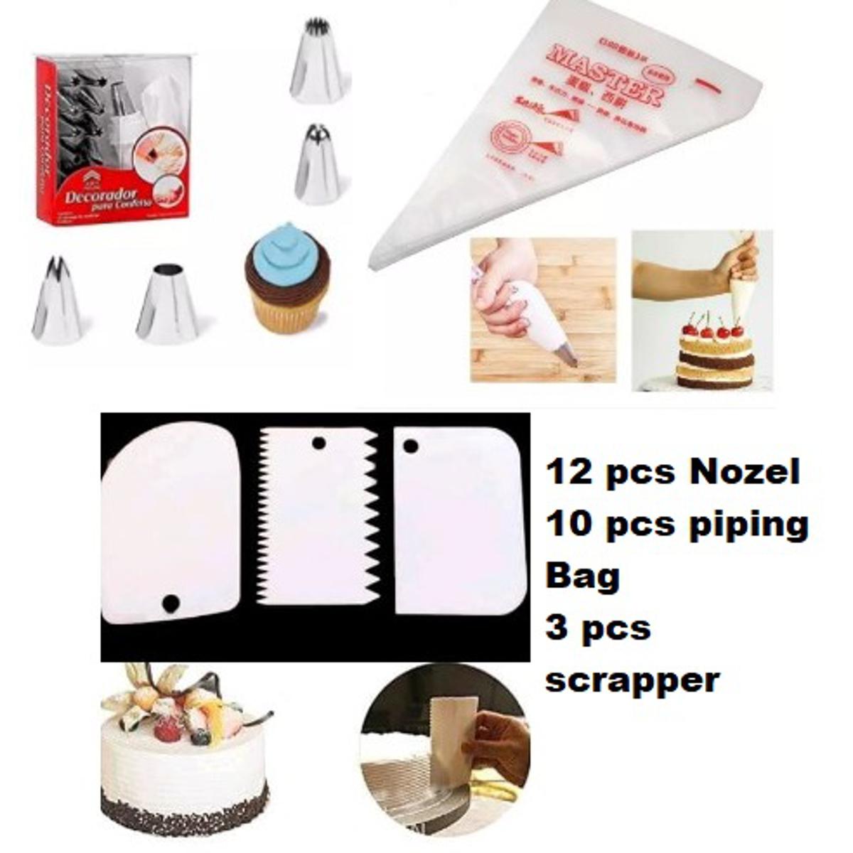 Picture of 3 pieces set of plastic cream scraper + 10 pieces pipping bags and 12 pieces of stainless steel nozzle set of combo pack of 3 items -Multicolor