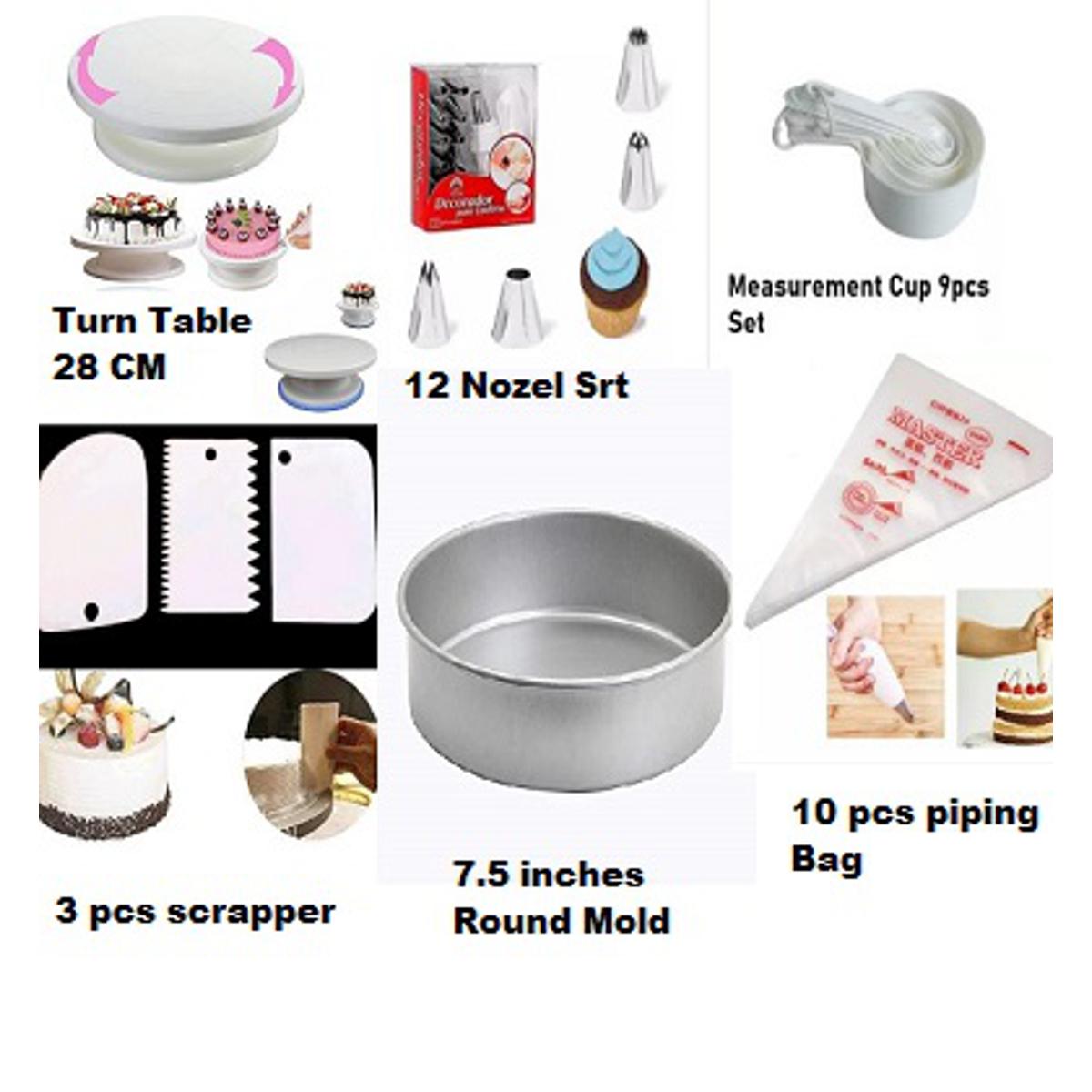 Picture of COMBO Turntable + 12 Pieces Of Stainless Steel Nozzle Set + Round 7.5" Cake Pan & Bread Mold + Measuring Spoon Cup Set + 3 pcs Plastic Cream Scraper  & 10 Pieces Pipping Bags (6 products) -Multicolor
