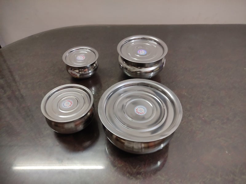 Picture of 4 Pieces Hari Set  Hari / Patil / Deski With Lid - SS Hari with Lid -Silver