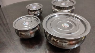 Picture of 4 Pieces Hari Set  Hari / Patil / Deski With Lid - SS Hari with Lid -Silver