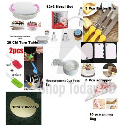 Picture of 8 Combo Cake Turn Table + 12 & 3 Nozel Set + 3 Nife + 2 Oil Brush + 9 M set Cup + 3 Scrapper + 10" 2 Board + 10 Piping Bag -Multicolor