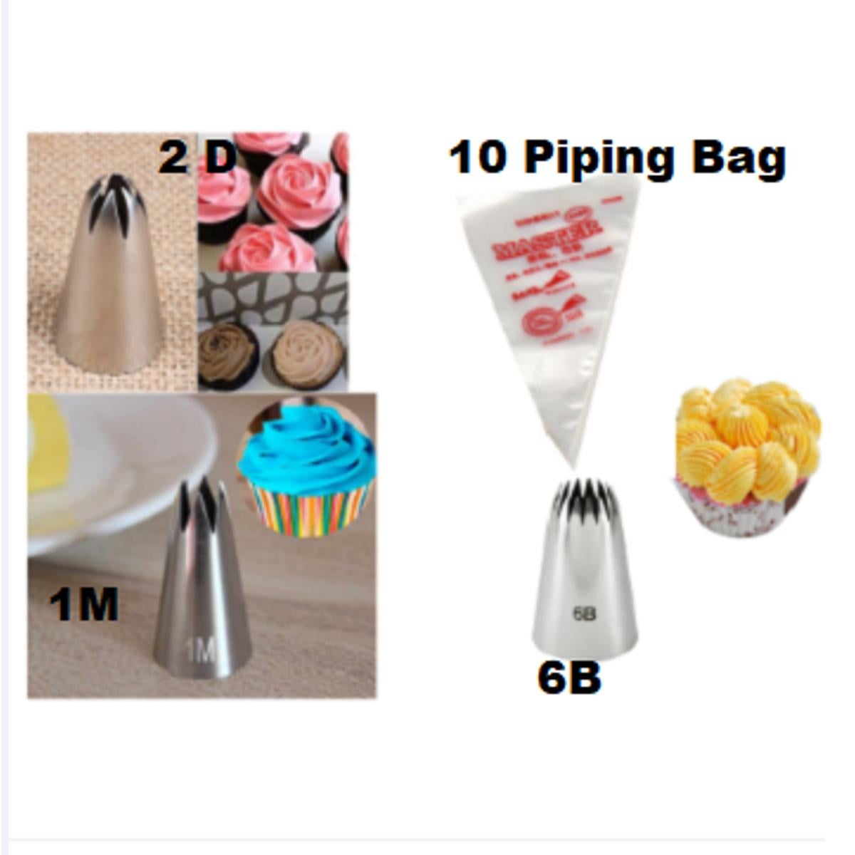 Picture of 3 Pieces Big Size Nozzle Set( 1M + 2D + 6B) +10 Pieces Pipping Bag - Cake Decoration Tools -Silver