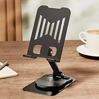 Picture of Foldable Metal Mobile Phone Stand – Adjustable 360° Rotating Desk Holder for Smartphones & Tablets (Black)