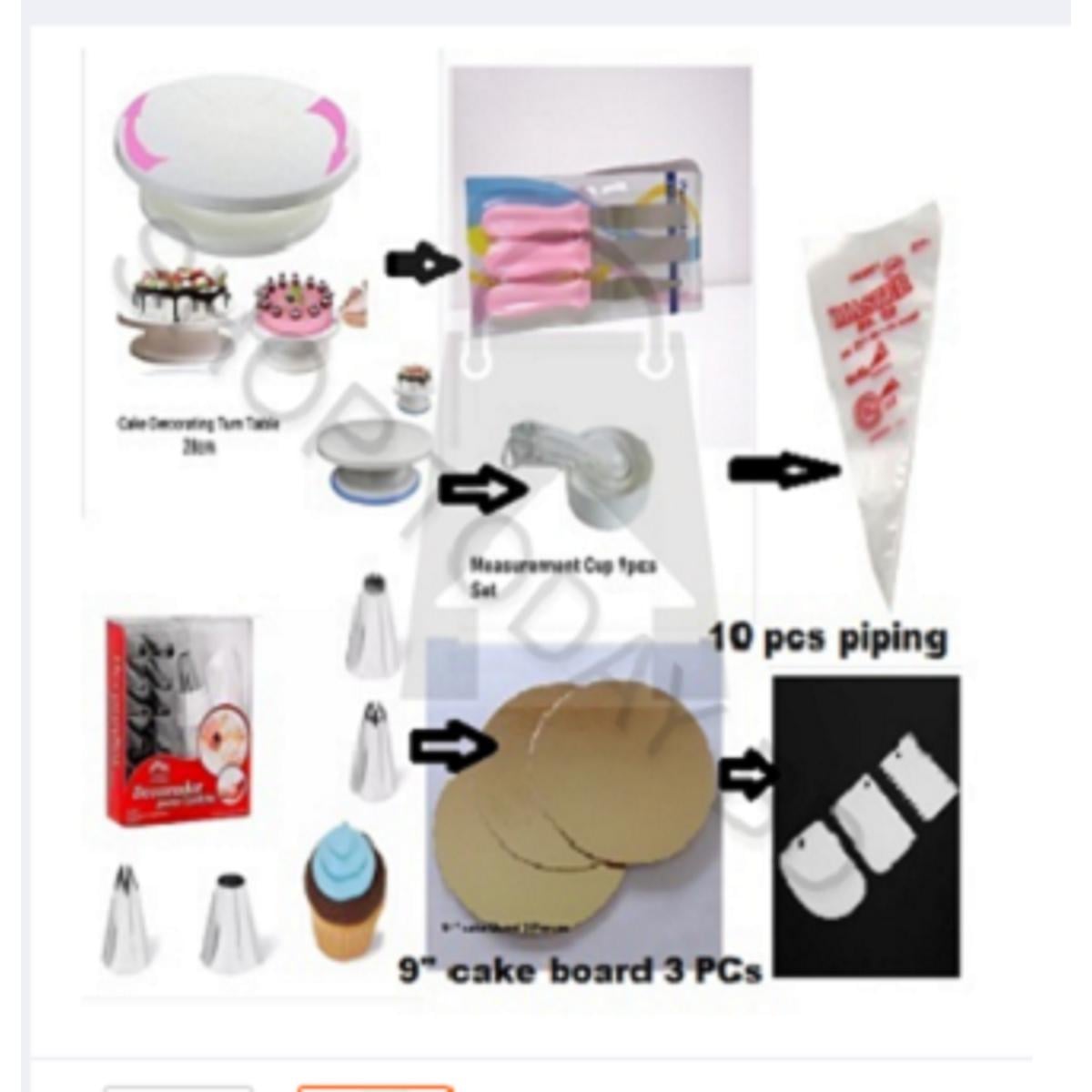 Picture of 7 A Combo Set Cake Decoration Turntable , 12 Pieces Steel Nozzle Set , 3 pieces planner , Measuring Spoon Set , 3 pieces Plastic Cream Scraper ,10 Pieces Pipping Bags & 3 pieces cake Board -Multicolor