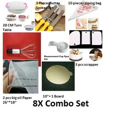 Picture of 8X Combo Of Baking Item Turn Table+3 Butter spread Set+10 Piping+Hand Bitter+Measurement Cup of  9 pieces+3 Scrapper+2 pieces oil Paper+1 Pieces 10" Board -Multicolor