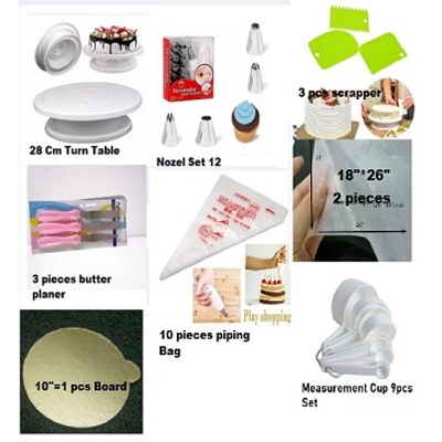 Picture of 8c Combo Turn Table , 15 Deco Set , 3 Butter Spread set , Measurement Cup set 9 pcs , 3 scrapper , 10 piping , 2 Pcs oil Paper , 10" 1 Round Board -Multicolor