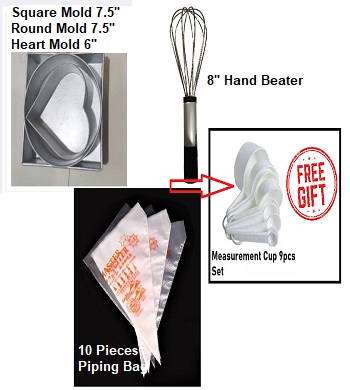 Picture of Aluminium Square/ Heart/ Round Shape Cake Mold/ Pudding Mold Full Set + Hand Beater + 10  Pieces Piping Bag -Multicolor