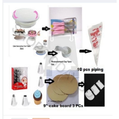 Picture of 7 A Combo Set Cake Decoration Turntable , 12 Pieces Steel Nozzle Set , 3 pieces planner , Measuring Spoon Set , 3 pieces Plastic Cream Scraper ,10 Pieces Pipping Bags & 3 pieces cake Board -Multicolor
