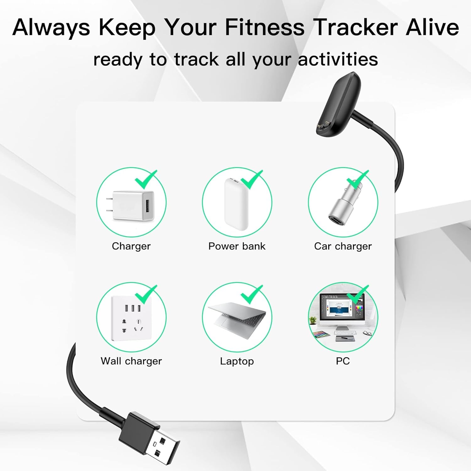 Picture of Fitbit Charge 6 Charger Cable – USB Fast Charging Replacement (Black)