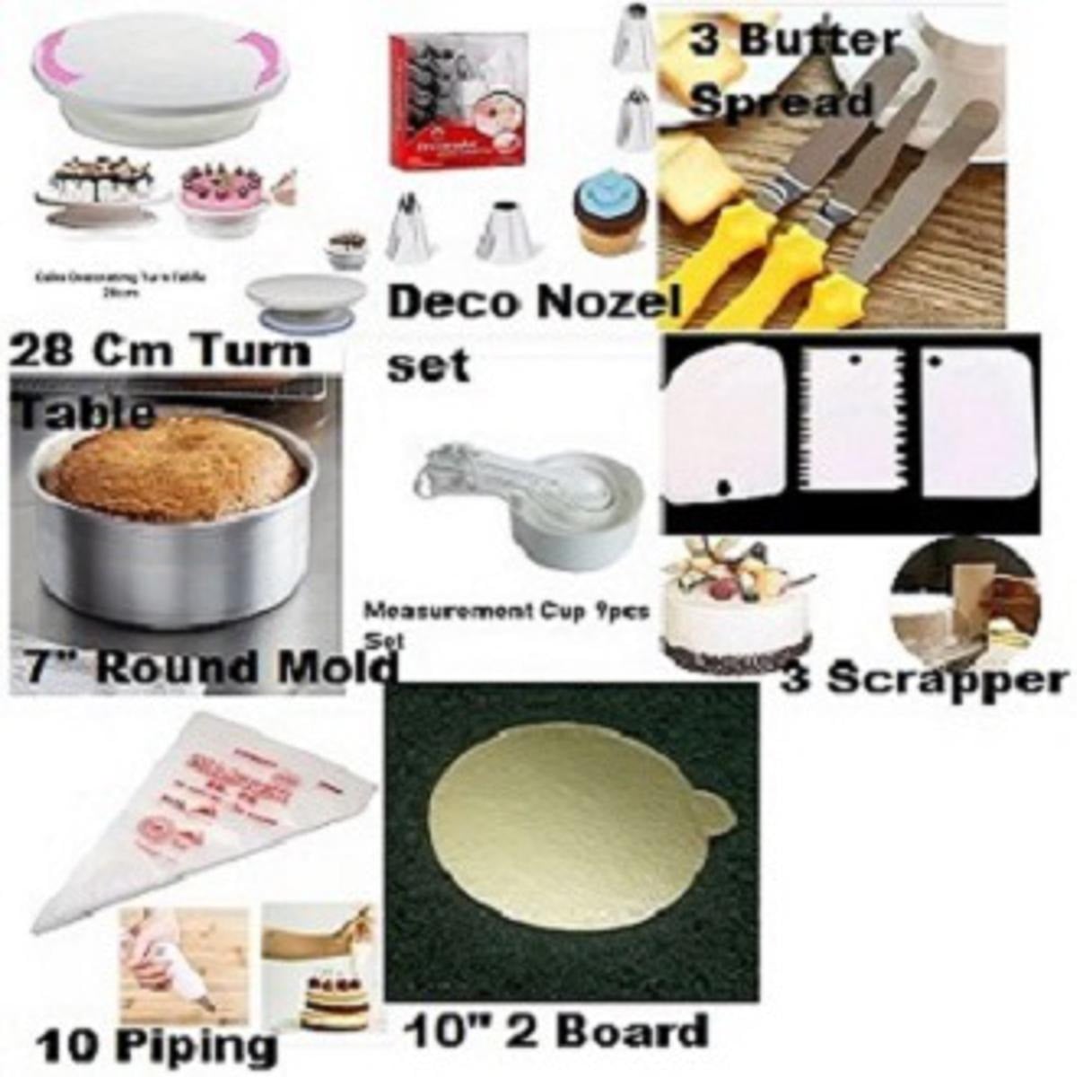 Picture of 8 A Combo Turn Table Full , 12 Deco Nozel , 3 Butter spread , 7" Round Mold , White M Cup set , 3 Scrapper , 10 piping Bag , 10" Cake Board 2 Pcs -Multicolor