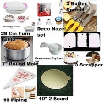 Picture of 8 A Combo Turn Table Full , 12 Deco Nozel , 3 Butter spread , 7" Round Mold , White M Cup set , 3 Scrapper , 10 piping Bag , 10" Cake Board 2 Pcs -Multicolor