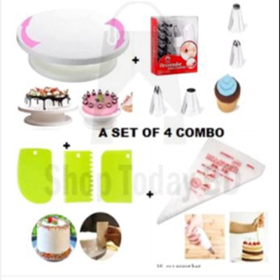 Picture of Cake Decorating Turntable - 28 cm +12 pieces Cake decoration Nozzle set + 10 Piping Bags + 3 pcs scrapper combo pack of 4 items -Multicolor
