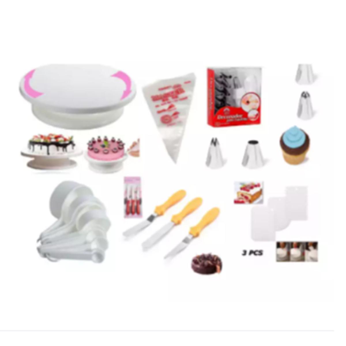 Picture of Cake Decoration Turntable & 12 Pieces Of Stainless Steel Nozzle Set & 3 pieces of stainless steel butter nife or cake planner & Measuring Spoon Cup Set & 3 pieces Plastic Cream Scraper & 10 Pieces Pipping Bags (6 products) -Multicolor
