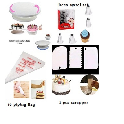 Picture of 4P Cake Combo Turn Table , Deco Nozel Set,3 Piece Scrapper, 10 pieces Piping Bag -Multicolor