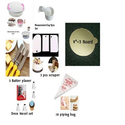 Picture of 7A Cake Combo Turntable 28 CM , 12 Pcs Steel Nozzle Set , 3 Pcs planner , Measuring Spoon Set , 3 Pcs Cream Scraper ,10 Pcs Pipping Bag & 3 Pcs cake Board -Multicolor
