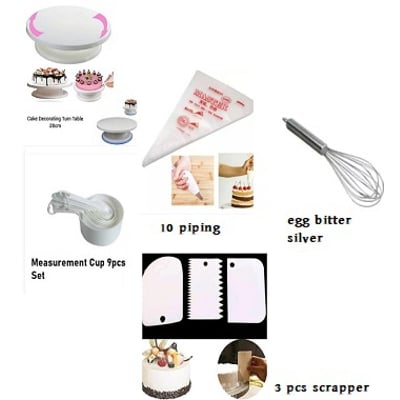Picture of 5X Cake Combo Turn Table 28 Inches + Egg Bitter + 3 Pcs Plastic Scrapper + Measurement Cup Set + 10 Pieces Piping Bag - Cake Decoration Tools -Multicolor