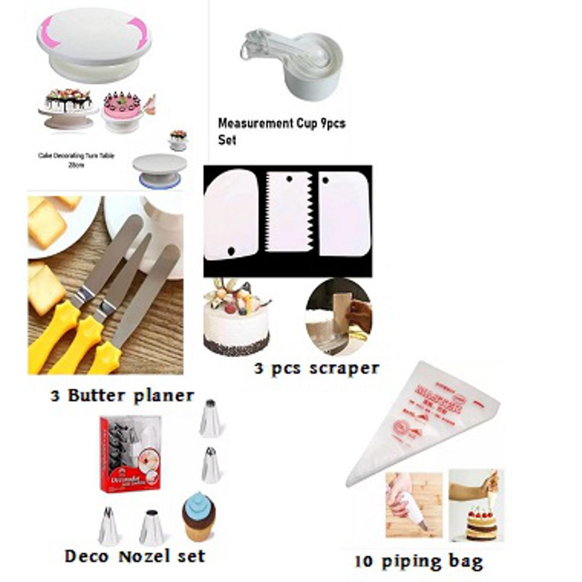 Picture of 6CC Decoration Turntable & 12 Pieces Of Stainless Steel Nozzle Set & 3 pieces of stainless steel butter nife& Measuring Spoon Cup Set & 3 pieces Plastic Cream Scraper & 10 Pieces Pipping Bags (6 products) -Multicolor