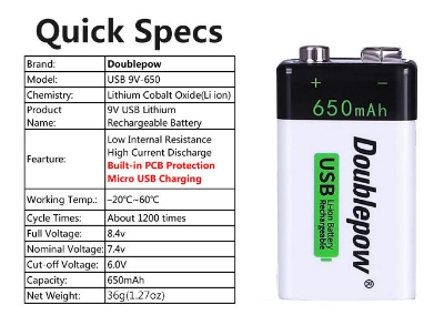 Picture of Doublepow 9V 650mAh USB Rechargeable Li-ion Battery – Built-in Micro USB Charging (Battery 1p)