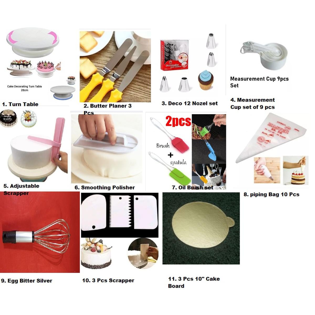Picture of Cake Full Combo Turn Table 3 Butter Planer Deco 12 nozel set  Measurement cup 9 pic set Adjustable Planer Long  Cream Polisher  Oil Brush set 10 pcs piping Bag Hand Egg Bitter silver  3 pcs scrapper 10inches 3 pcs Round Cake Board -Multicolor