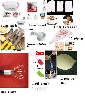 Picture of Turn table 3 pcs butter planer nozel 12 set white measurement cup 9 pieces 3 pieces scrapper 10 pcs piping bag  2 pieces brush 1 oil brush 1 spacula 2 pieces 10 inches round cake board 1 egg bitter silver heavy -Multicolor