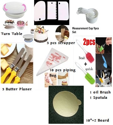 Picture of Turn Table +3 Pcs Butter set + White Measurement Cup set 9 Pieces + 3 Pieces Scrapper Set + 10  Pcs Piping Bag + 2 Pieces Brush Set ( 1 oil Brush + 1 Spacula) +  2 Pieces 10" Round Cake Board -Multicolor