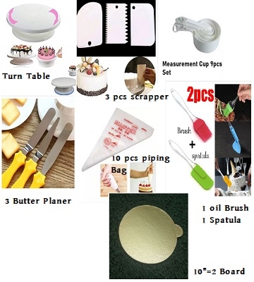 Picture of Turn Table +3 Pcs Butter set + White Measurement Cup set 9 Pieces + 3 Pieces Scrapper Set + 10  Pcs Piping Bag + 2 Pieces Brush Set ( 1 oil Brush + 1 Spacula) +  2 Pieces 10" Round Cake Board -Multicolor